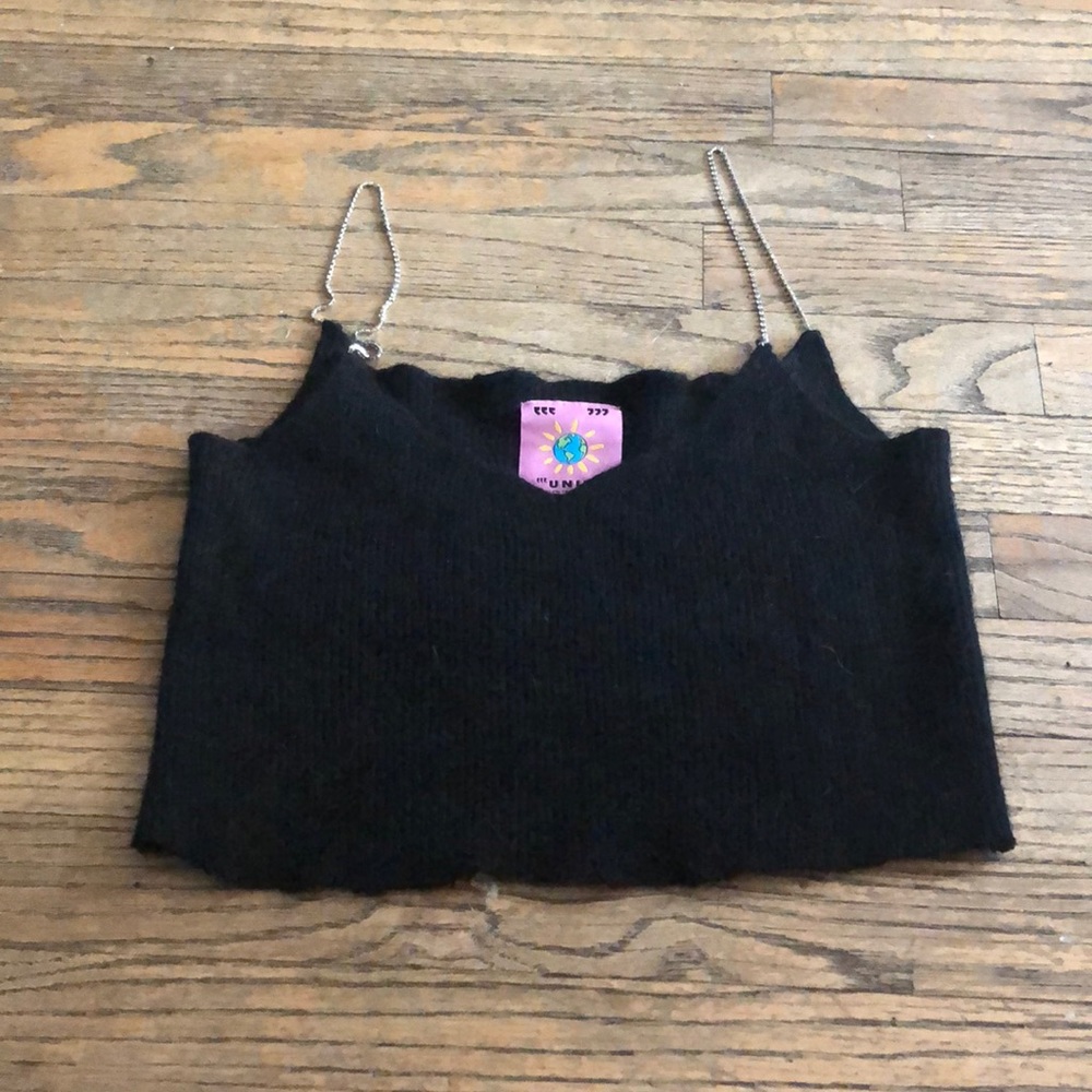 UNIF black wool crop top with rhinestone straps